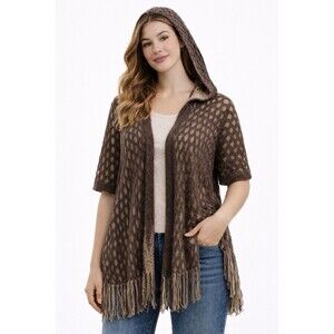 Max Edition S/M Brown Open Knit Hooded Fringe Boho Cardigan Sweater‎